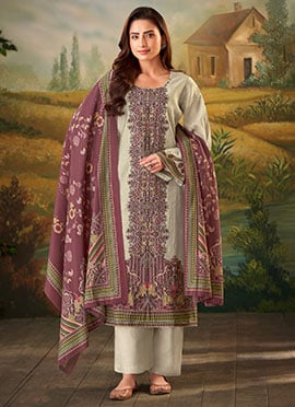 Cream Muslin Digital Print Straight Pant Suit