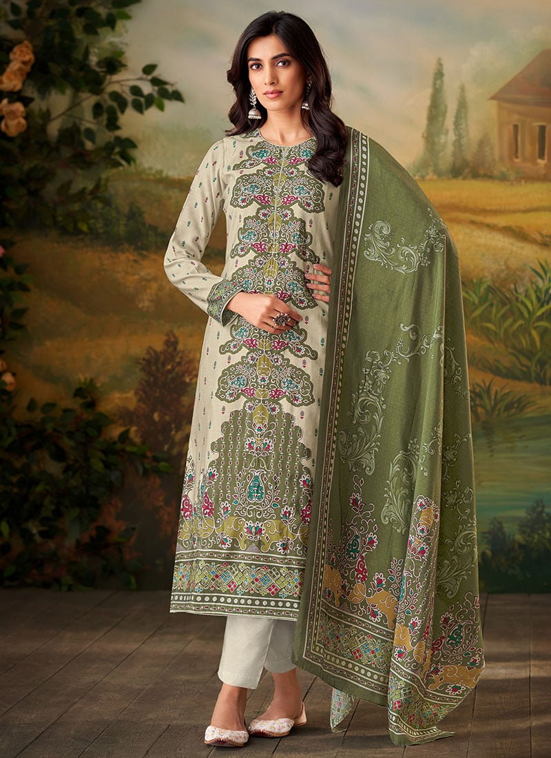 Cream Muslin Digital Print Straight Pant Suit Festive Wear