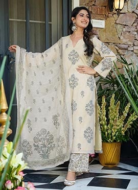 Cream Muslin Digital Print Straight Pant Suit