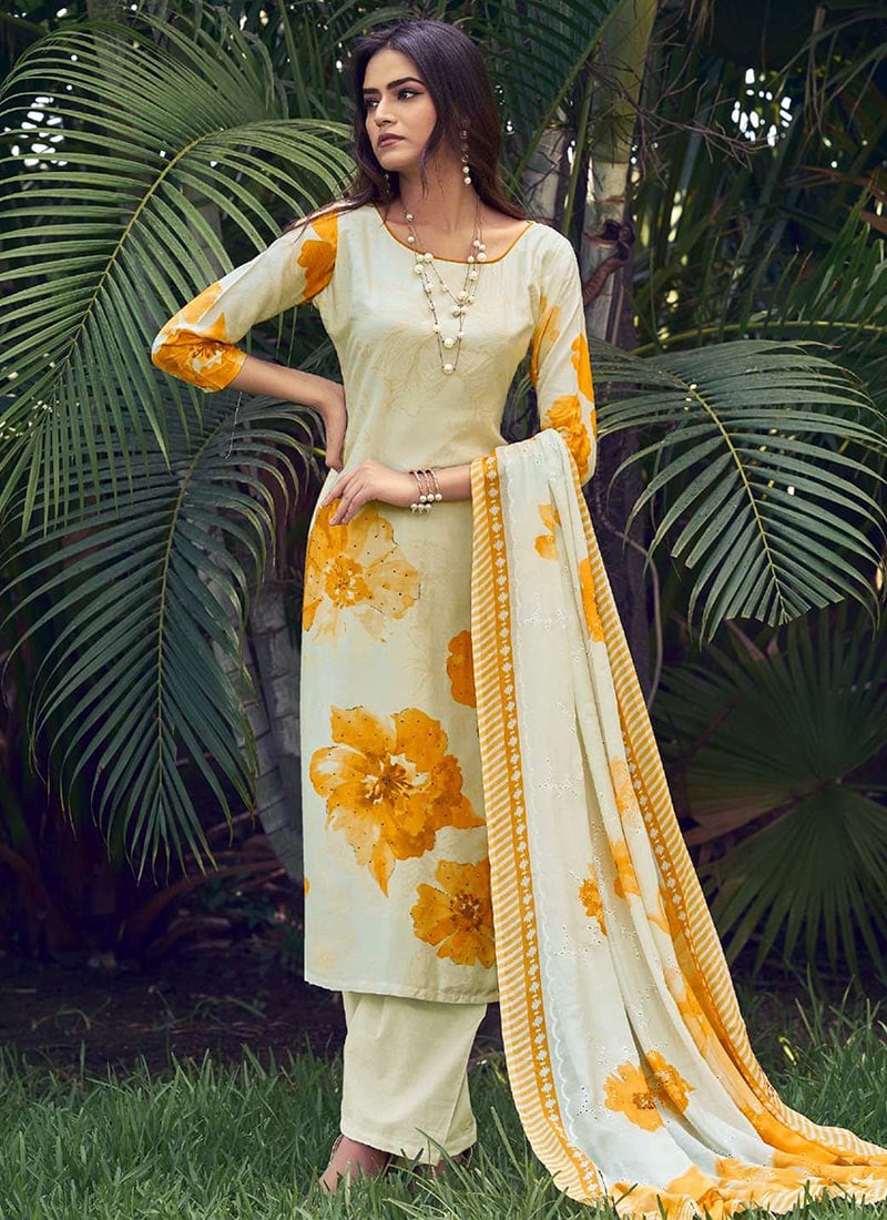 Cream Muslin Floral Digital Print Straight Pant Suit After Six Wear