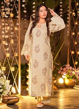 Cream Muslin Printed Kurta Straight Pant Set