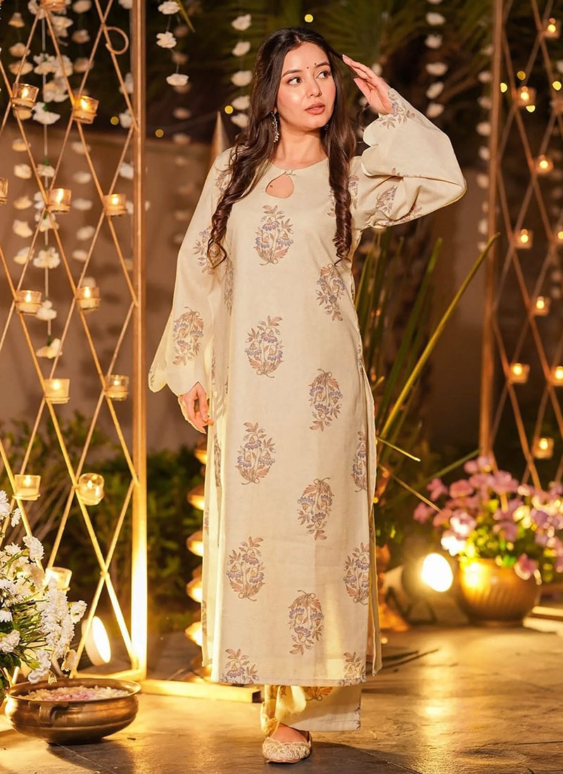 Cream Muslin Printed Kurta Straight Pant Set After Six Wear