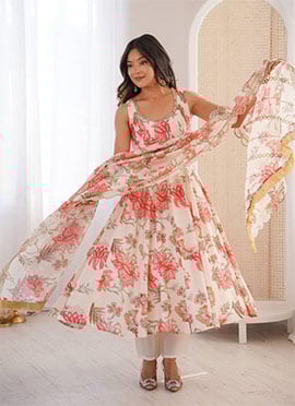 Cream Muslin Printed Sequins Anarkali Suit