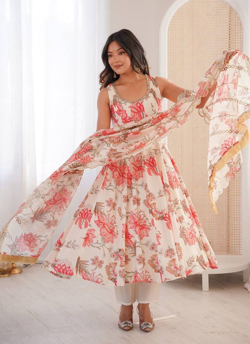 Cream Muslin Printed Sequins Anarkali Suit After Six Wear