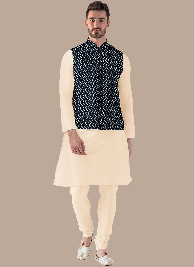 Cream N Blue Velvet Embroidered Bandi Set