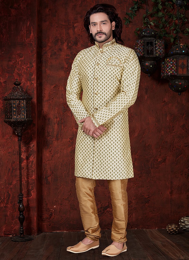 Cream N Green Breeches Style Indowestern Sherwani Wedding Wear