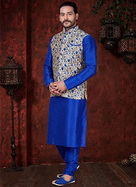 Cream N Navy Blue Foil Print Bandi Set