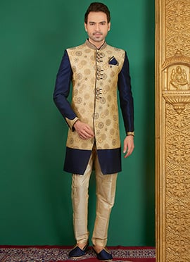 Cream N Navy Blue Indowestern Sherwani
