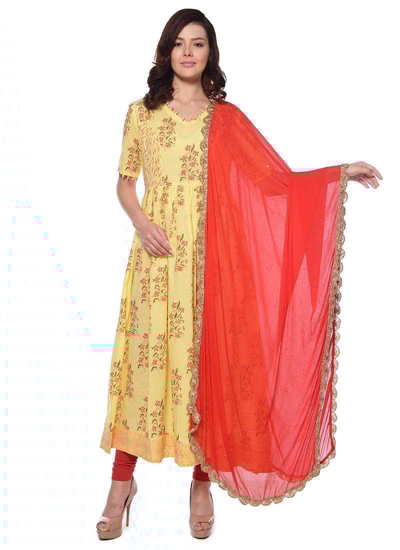 Cream N Red Block Printed Abaya Style Anarkali Sui
