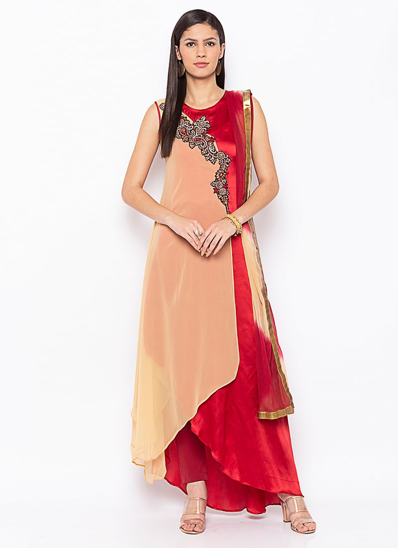 Buy Cream N Red Embroidered Straight Pant Suit After Six Wear