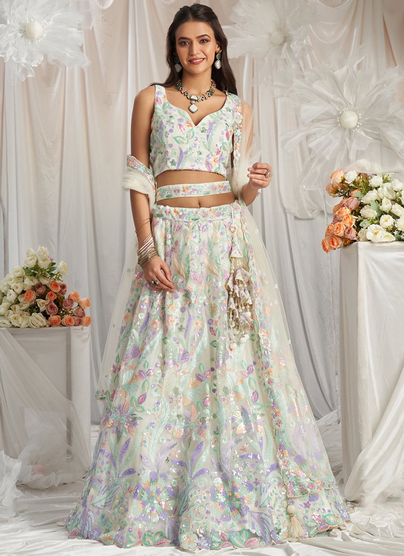 Cream Net Cord And Cut Work Emboidered Sequins Lehenga Wedding Wear