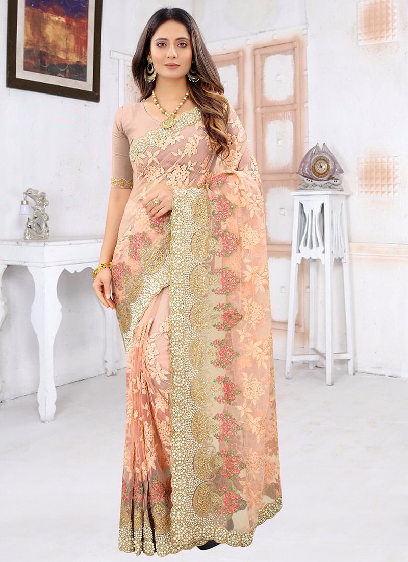 Cream Net Embroidered Saree