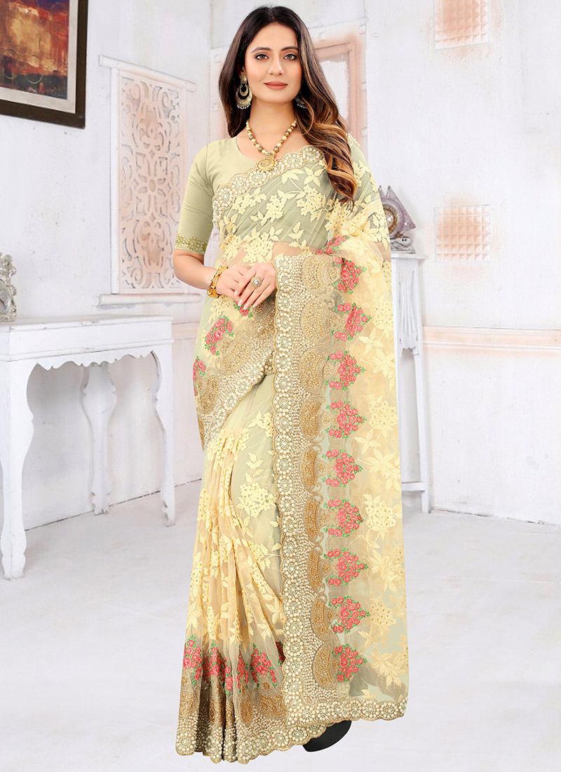 Cream Net Embroidered Saree