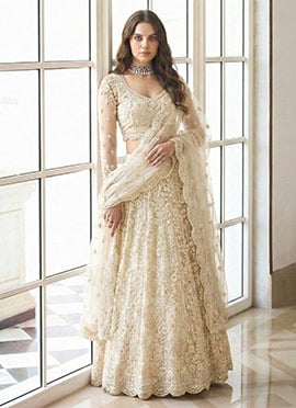 Cream Net Embroidered Sequins A Line Lehenga