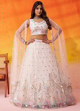 Cream Net Embroidered Sequins Lehenga Wedding Wear