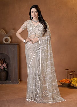 Cream Net Embroidered Sequins Saree