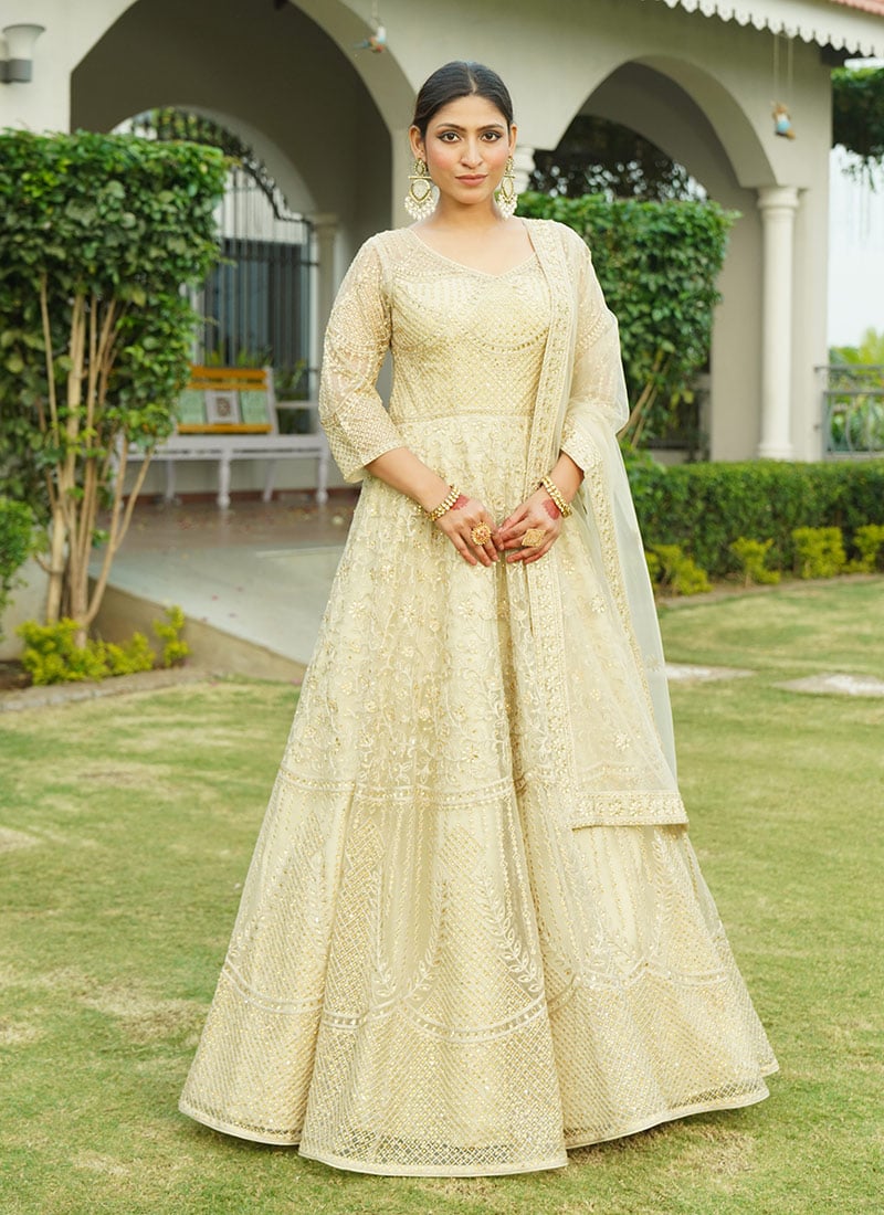 Cream Net Embroidered Stone Work Classy Anarkali Suit Wedding Wear