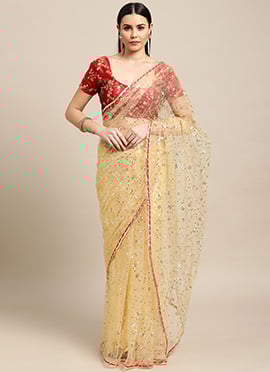 Cream Net Embroidery Mirror Work Saree