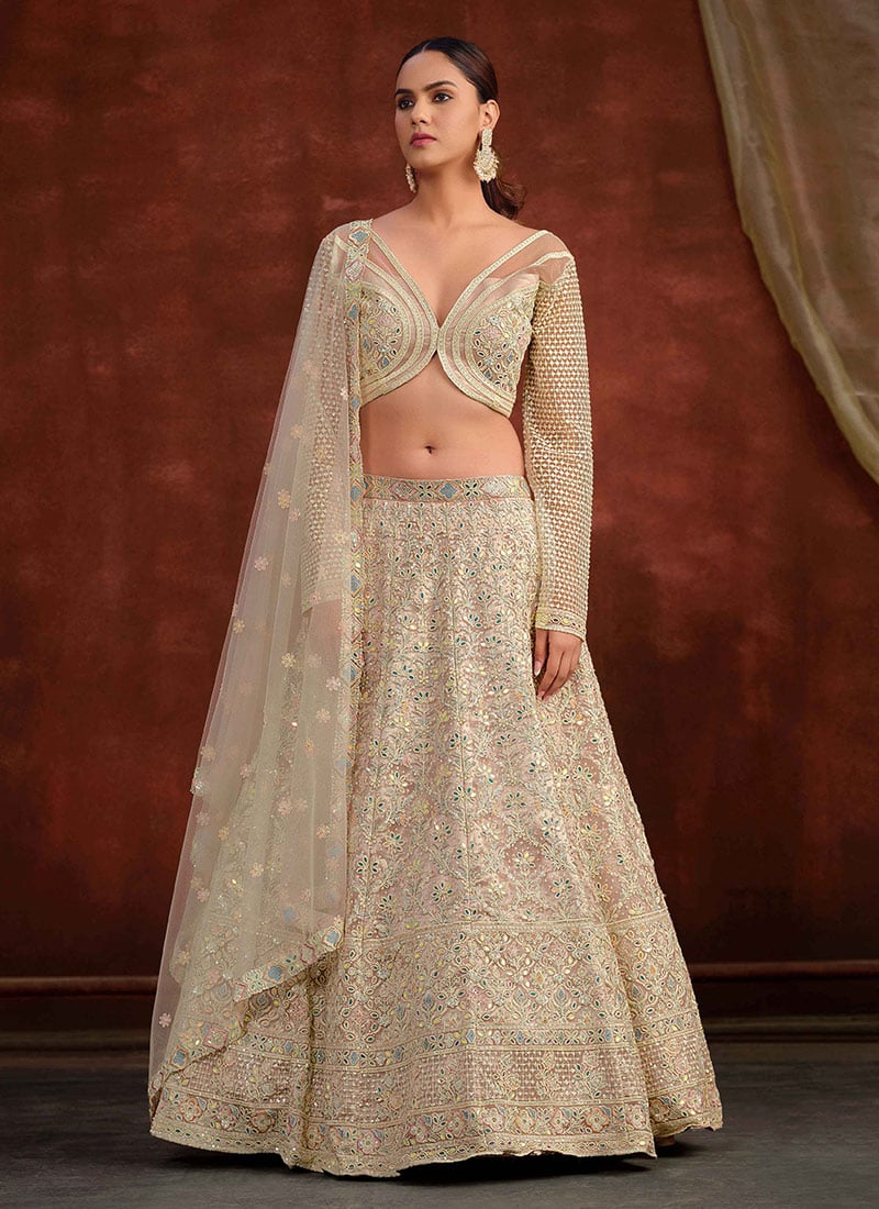 Cream Net Embroidery Stone And Hand Embroidered Umbrella Lehenga Wedding Wear