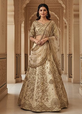 Cream Net Gota Sequins Embroidered Lehenga