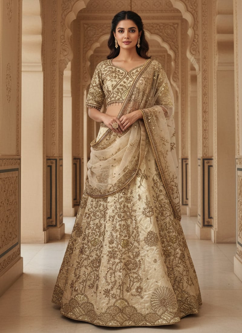 Cream Net Gota Sequins Embroidered Lehenga  Wedding Wear