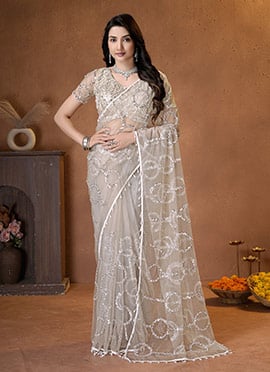 Cream Net Sequins Beads Embroidered Saree