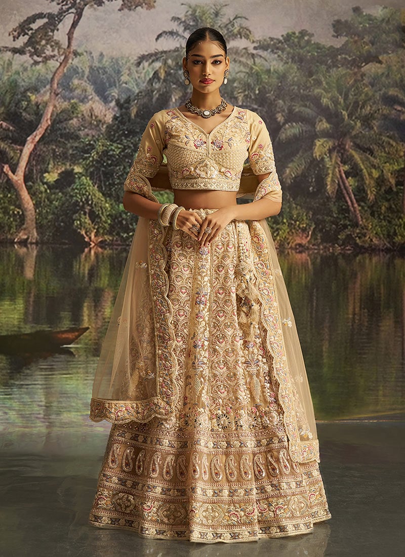 Cream Net Sequins Embroidered Stone Work Lehenga Wedding Wear