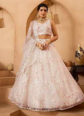 Cream Net Sequins Embroidered Umbrella Lehenga Wedding Wear