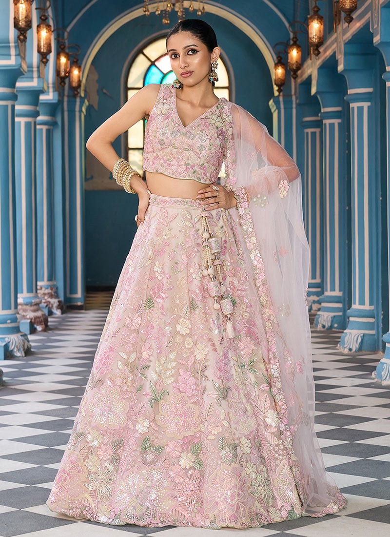 Cream Net Sequins Zari Embroidered With Stone Work  Lehenga Wedding Wear