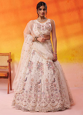 Cream Net Zari Embroidered Sequins With Beads Work Lehenga