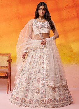 Cream Net Zari Embroidered Sequins With Beads Work Lehenga
