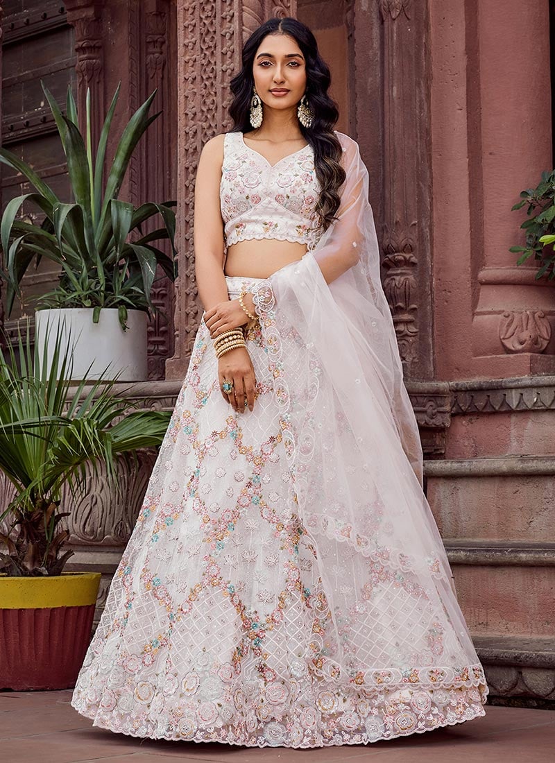 Cream Net Zari Embroidered Sequins With Stone Work Lehenga Wedding Wear