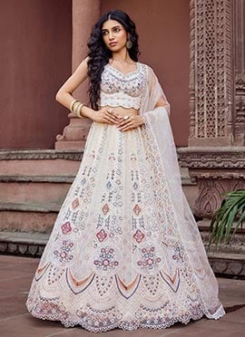 Cream Net Zari Embroidered Sequins With Stone Work Lehenga