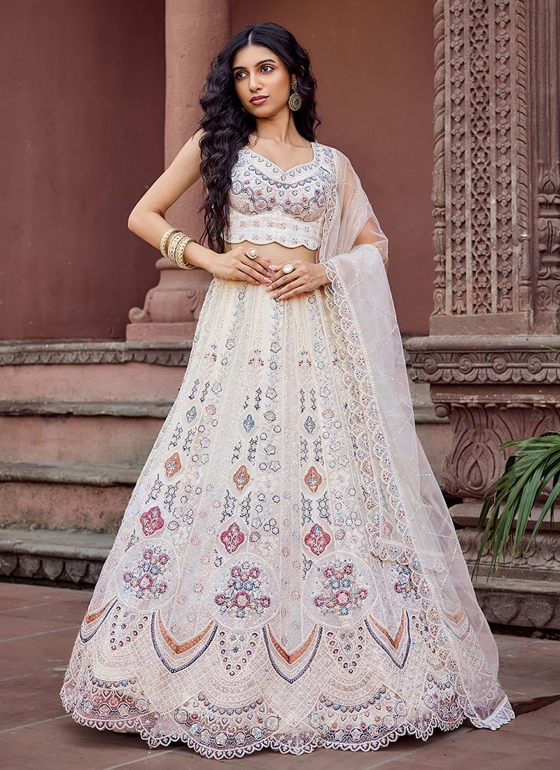 Cream Net Zari Embroidered Sequins With Stone Work Lehenga