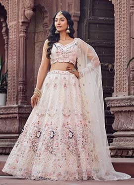 Cream Net Zari Embroidered Sequins With Stone Work Lehenga