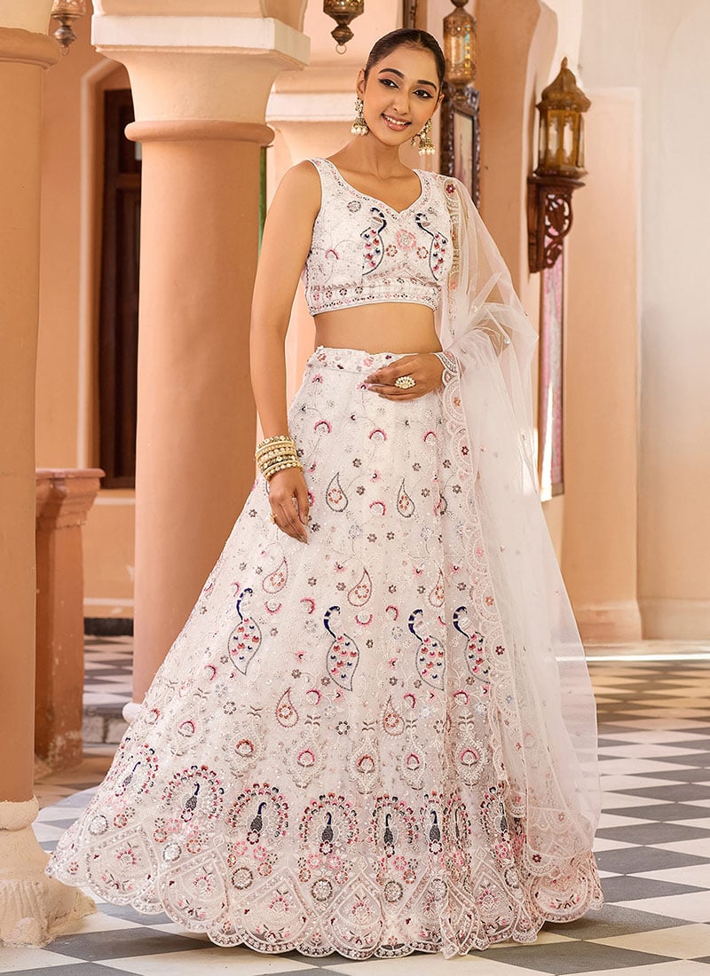 Cream Net Zari Embroidered Sequins With Stone Work Lehenga Wedding Wear