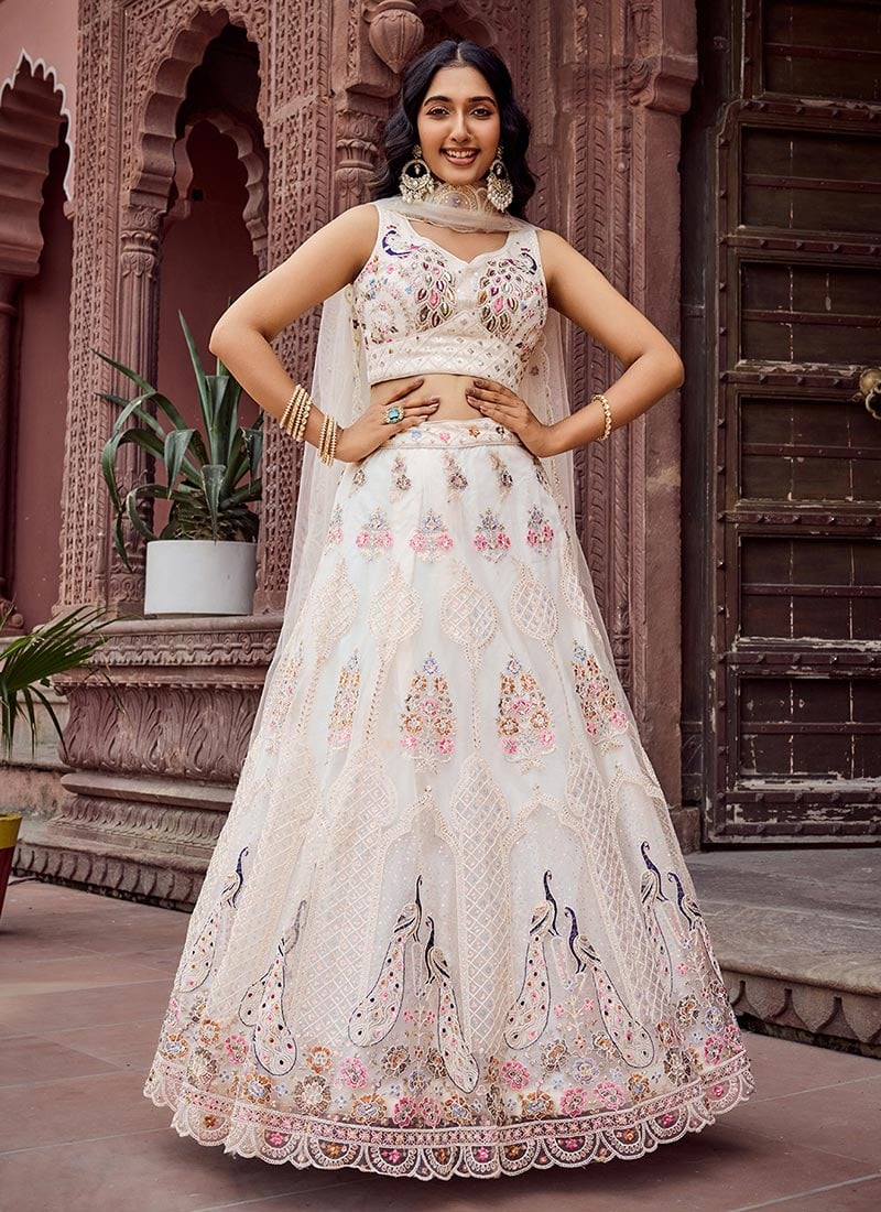 Cream Net Zari Embroidered Sequins With Stone Work Lehenga Wedding Wear