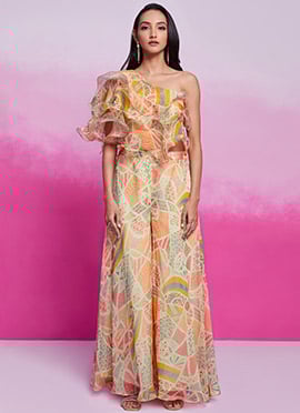 Cream Organza Digital Print Indowestern Palazzo Set