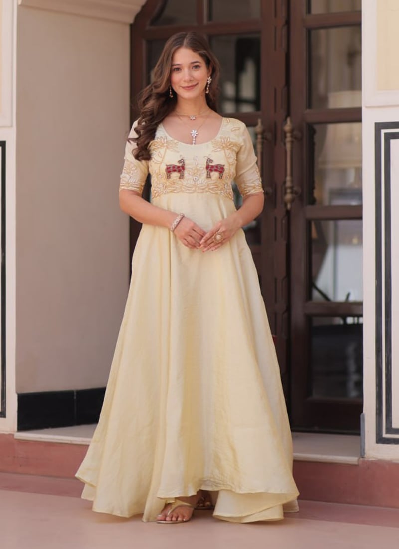 Cream Organza Embroidered Beads Anarkali Gown