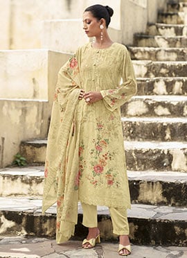 Cream Organza Embroidered Sequins And Digital Print Straight Pant Suit