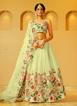 Pista Green Organza Embroidered Sequins Lehenga