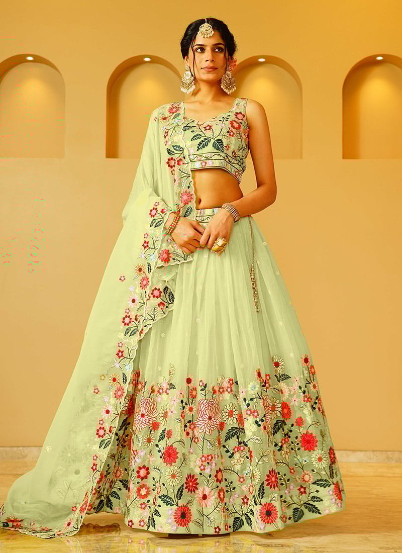 Pista Green Organza Embroidered Sequins Lehenga Wedding Wear