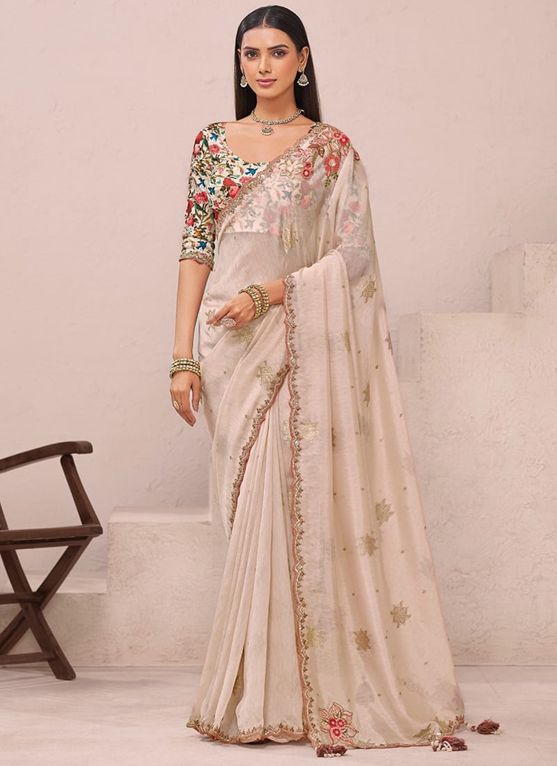 Cream Organza Embroidered Sequins Saree With Digital Print Blouse