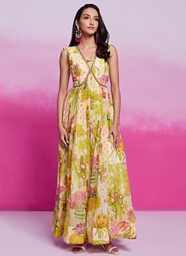 Cream Organza Floral Digital Print Cut Dana Work With Sequins Gown