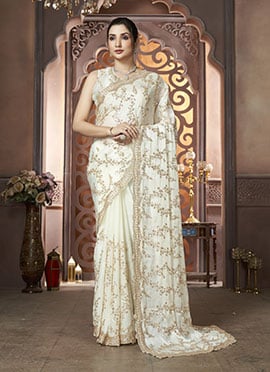 Cream Organza Hand Embroidered Sequins Beads Work Saree