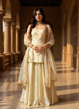 Cream Organza Hand Embroidered Sequins With Moti Work Palazzo Suit Festive Wear