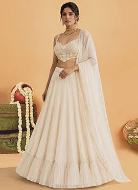Cream Organza Poth Cutdana Sequins Hand Embroidery Lehenga