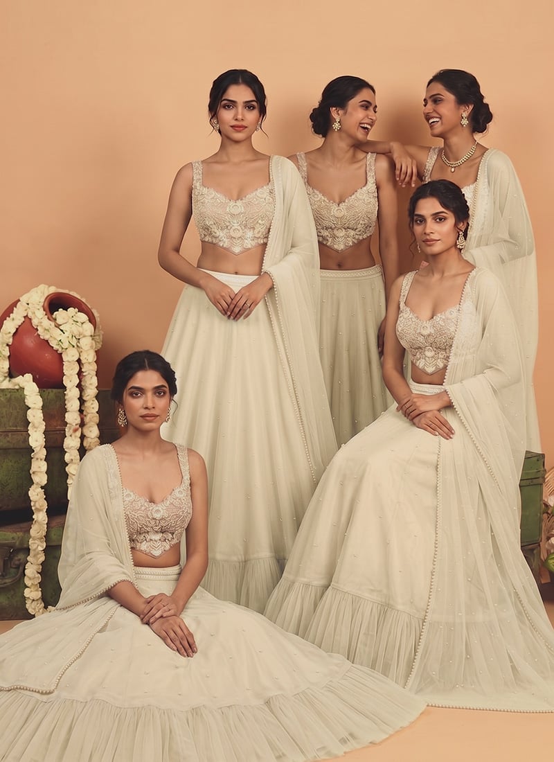 Cream Organza Poth Cutdana Sequins Hand Embroidery Lehenga Wedding Wear