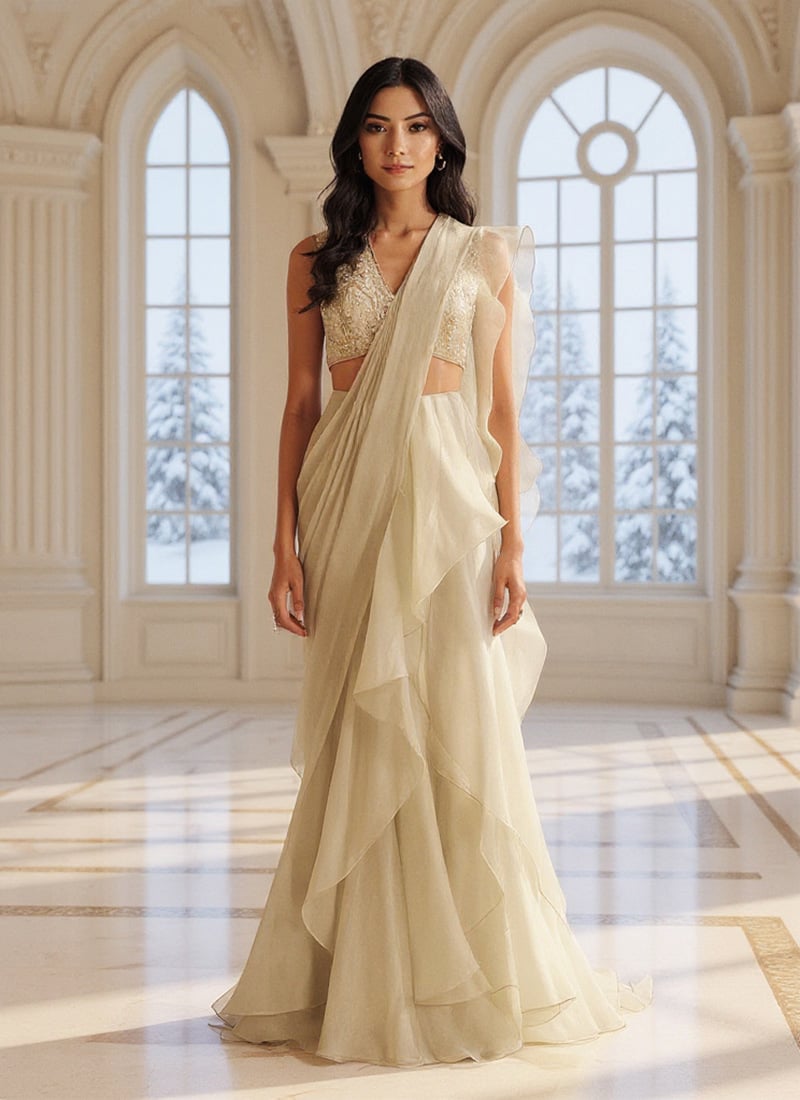 Cream Organza Sequins Hand Embroidered Lehenga Saree Wedding Wear