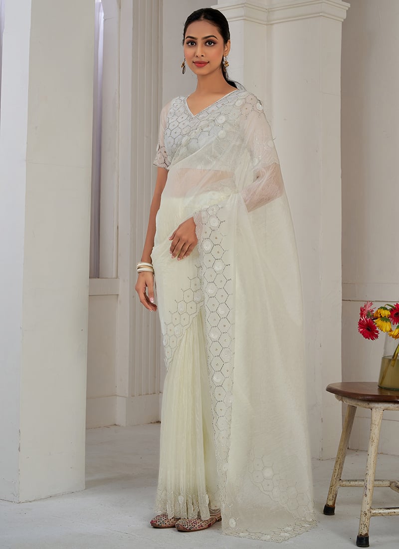 Cream Organza Sequins Zarkan Saree Festive Wear